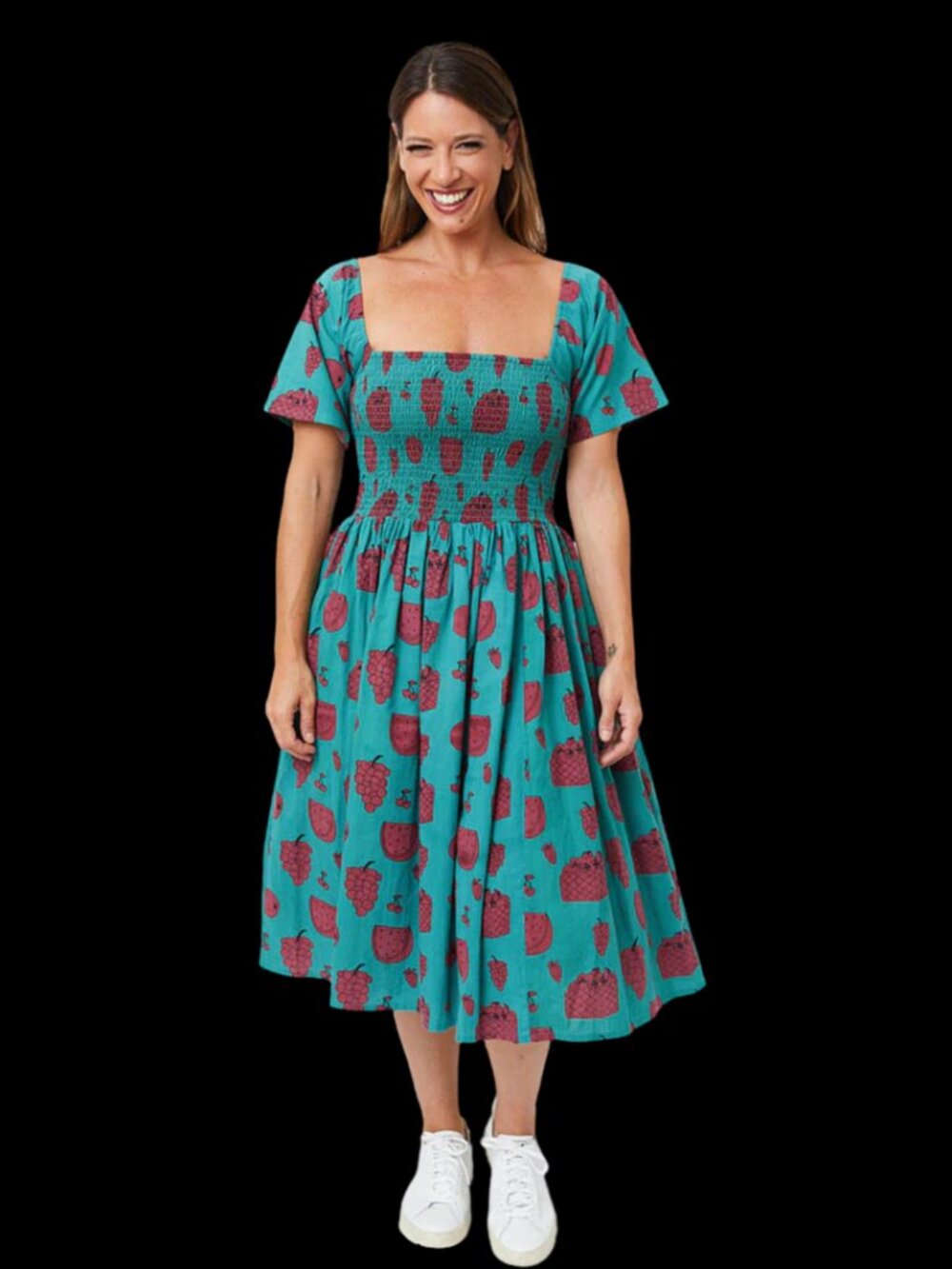 Mata Traders Teddy Dress Teal and Pink Fruit Print sundress size Medium